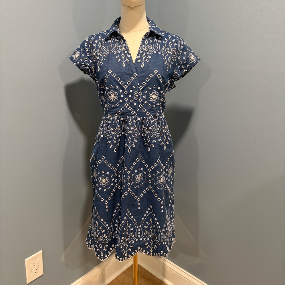 J.Jill Blue Embroidered Eyelet Dress Women Small Cotton Short Sleeve Summer